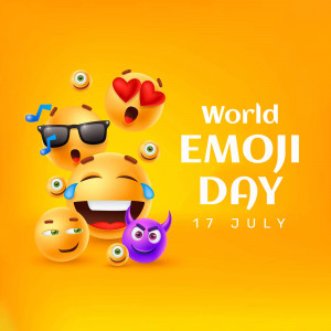 A vibrant illustration celebrating World Emoji Day with various smiling and expressive emoji faces.