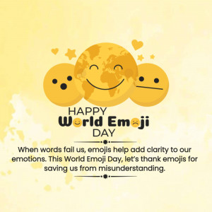 Illustration of Earth with a smiley face and surrounding emoji faces celebrating World Emoji Day.