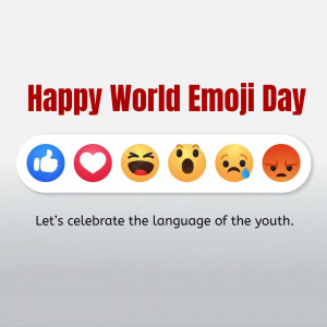 Image celebrating World Emoji Day with various emojis and a celebratory message.