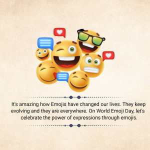A group of smiling emojis with speech bubbles and sunglasses, celebrating World Emoji Day.