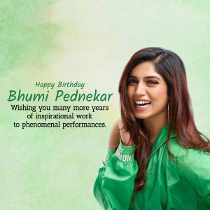 Bhumi Pednekar smiling in a green jacket with birthday wishes