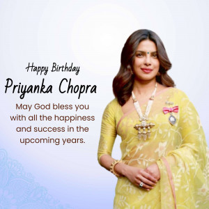 Priyanka Chopra in a yellow saree with a birthday greeting