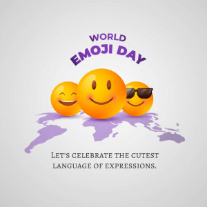 Three smiling emoji faces with a world map background celebrating World Emoji Day.