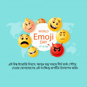 Colorful emoji faces celebrating World Emoji Day with a world map background.
