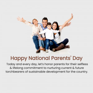 A family of five smiling and posing with arms outstretched, with text celebrating National Parents' Day.