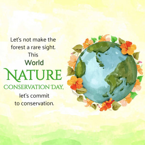 Watercolor illustration of Earth surrounded by flowers with text promoting nature conservation.