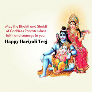 Image of Goddess Parvati, Lord Shiva, and Lord Ganesha with a Hariyali Teej greeting.