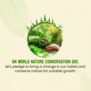 Hands holding a seedling with a forest backdrop and text celebrating World Nature Conservation Day.
