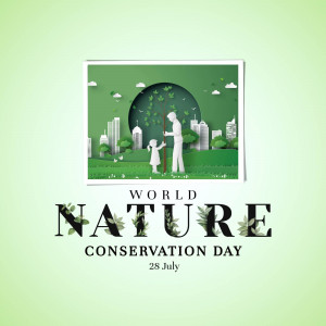 Illustration of a father and daughter silhouetted against a paper-cut style landscape with the text 'World Nature Conservation Day'