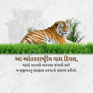 A majestic tiger resting on green grass with text in Gujarati celebrating International Tiger Day.