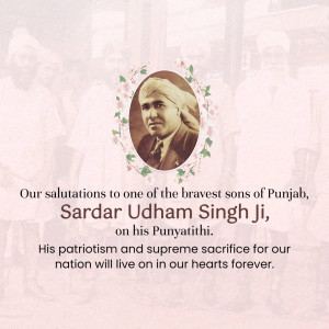 Portrait of Sardar Udham Singh Ji with floral decorations and a tribute message.