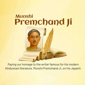 Portrait of Munshi Premchand Ji with a quill and open book