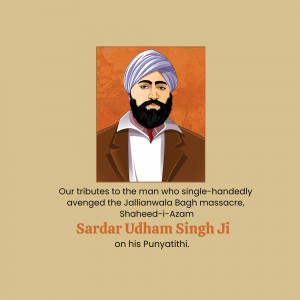 Portrait of Shaheed Udham Singh Ji with text commemorating his death anniversary.