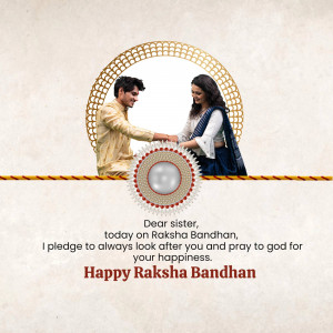 A brother tying a Rakhi on his sister's wrist with a Raksha Bandhan message.