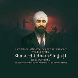 Portrait of Shaheed Udham Singh Ji with a background depicting a historical scene.