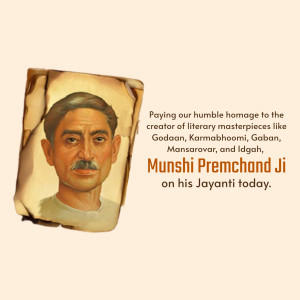 Portrait of Munshi Premchand with text commemorating his birth anniversary