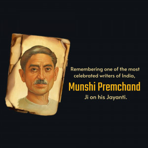 Portrait of Munshi Premchand with text commemorating his birth anniversary