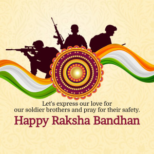 Silhouette of soldiers with Indian flag and Raksha Bandhan decoration