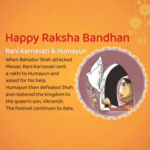 Raksha Bandhan greeting with illustration of Rani Karnavati and a dove