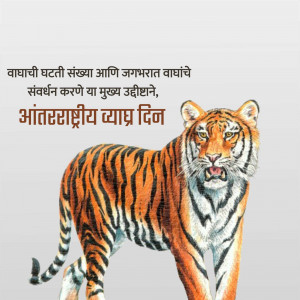 Image depicting a tiger with text in Marathi celebrating International Tiger Day.