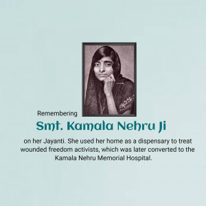 Portrait of Kamala Nehru with text commemorating her birth anniversary