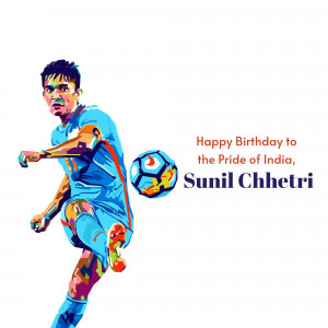 Pop art style illustration of Indian footballer Sunil Chhetri with a soccer ball and birthday message.