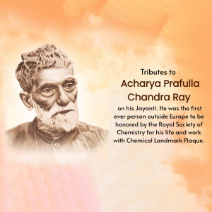 Portrait of Acharya Prafulla Chandra Ray with tribute text