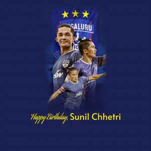 Image of Indian Football Team Captain Sunil Chhetri with teammates and a birthday message.