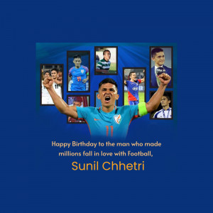 Collage of Sunil Chhetri celebrating and in action with text 'Happy Birthday Sunil Chhetri'