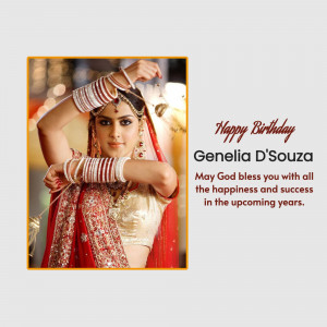 Portrait of Genelia D'Souza in traditional bridal attire with a birthday message.