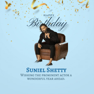 Suniel Shetty birthday celebration post with confetti and a light blue background.