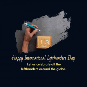 Image celebrating International Lefthanders Day with a hand writing on a calendar block showing August 13th.