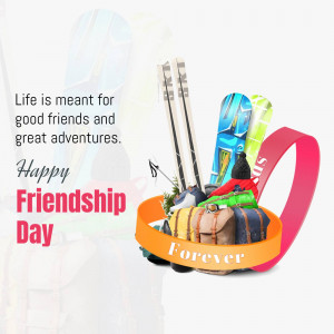 Collage of ski equipment and a friendship day message.