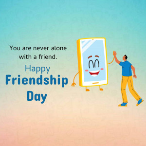Illustration of a smartphone with a face giving a high five to a person, with the text 'You are never alone with a friend. Happy Friendship Day'.