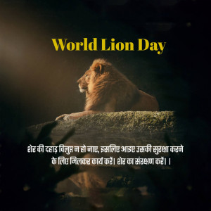 A majestic lion resting on a rock with text 'World Lion Day' and a message in Hindi.