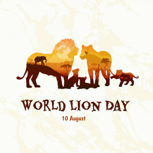 Silhouette of a lion family with a sunset and African wildlife, celebrating World Lion Day.