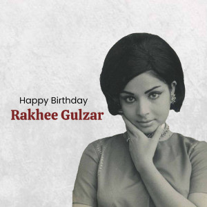 Black and white portrait of Rakhee Gulzar with 'Happy Birthday' text