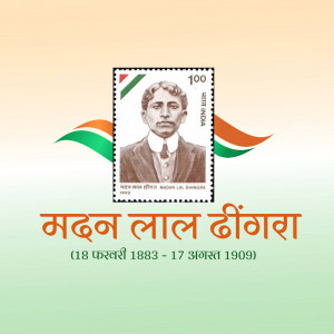 Indian postage stamp featuring Madan Lal Dhingra with Indian flag background