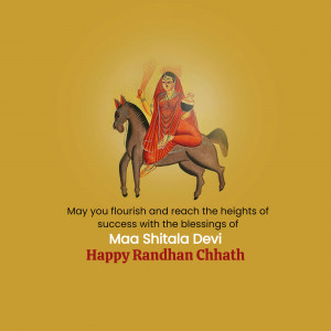 Image of Maa Shitala Devi on a horse with a festive message for Randhan Chhath