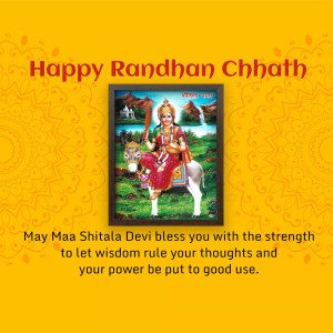 Image depicting Goddess Shitala on a donkey with a festive Randhan Chhath background.