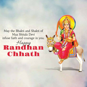 Image of Maa Shitala Devi riding a donkey with festive text.