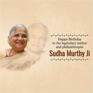 Portrait of Sudha Murthy with a birthday greeting