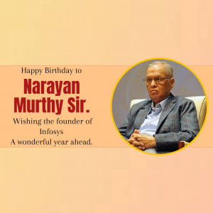 Portrait of Narayan Murthy, founder of Infosys, with birthday wishes.