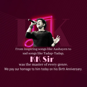 Image of KK, a popular Indian singer, with a neon glow and tribute text.
