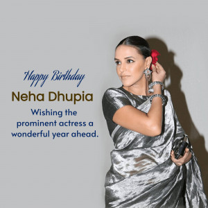 Neha Dhupia in a silver saree with a birthday greeting