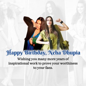 Birthday greeting for Neha Dhupia featuring a collage of her images.