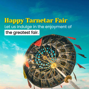 Image of a Ferris wheel with a bright sun and text wishing 'Happy Tarnetar Fair'