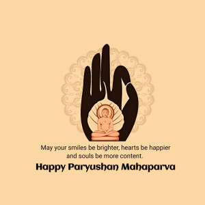 Illustration of a hand holding a depiction of Lord Mahavir in a meditative pose, with text wishing a Happy Paryushan Mahaparva.