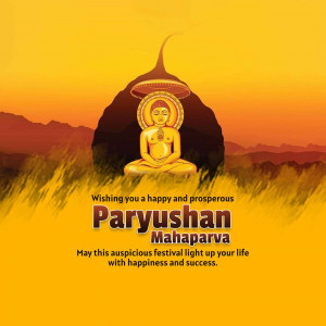 Image depicting Lord Mahavira in a meditative pose with the text 'Paryushan Mahaparva' and festive greetings.