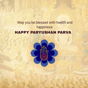 Paryushan Parva greeting with a blue lotus flower and Buddhist imagery.